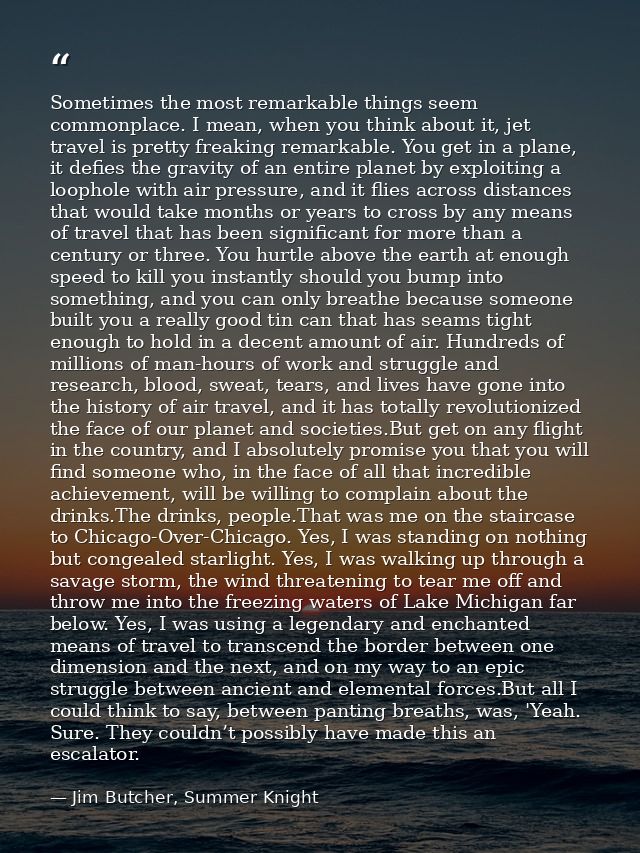 Sometimes the most remarkable things seem commonplace. I mean, when you think about it, jet travel is pretty freaking re — Jim Butcher, Summer Knight