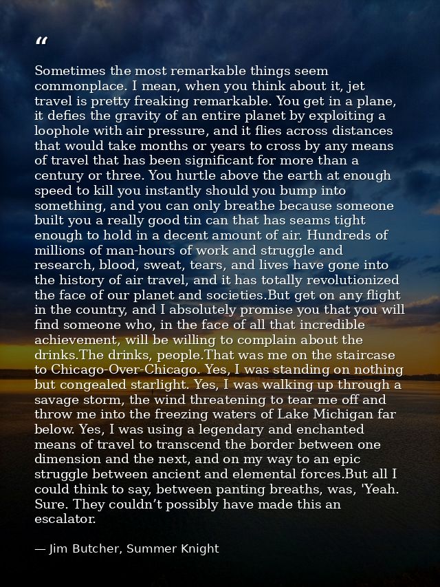 Sometimes the most remarkable things seem commonplace. I mean, when you think about it, jet travel is pretty freaking re — Jim Butcher, Summer Knight