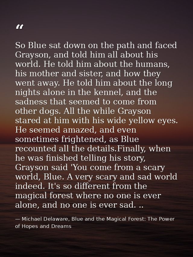 So Blue sat down on the path and faced Grayson, and told him all about his world. He told him about the humans, his moth — Michael Delaware, Blue and the Magical Forest: The Power of Hopes and Dreams