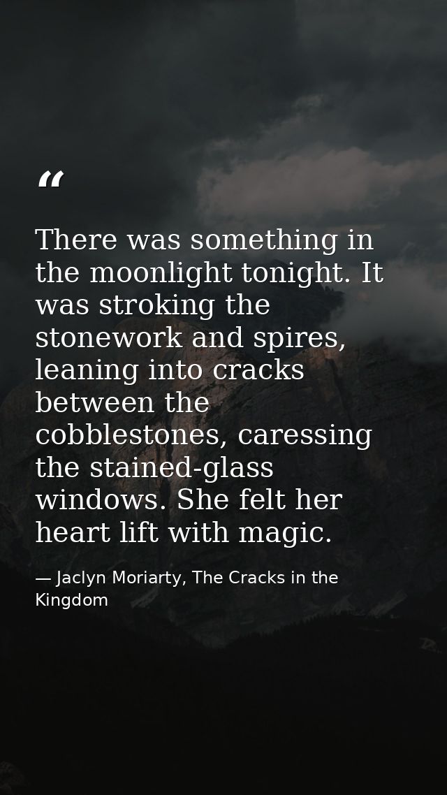 There was something in the moonlight tonight. It was stroking the stonework and spires, leaning into cracks between the  — Jaclyn Moriarty, The Cracks in the Kingdom