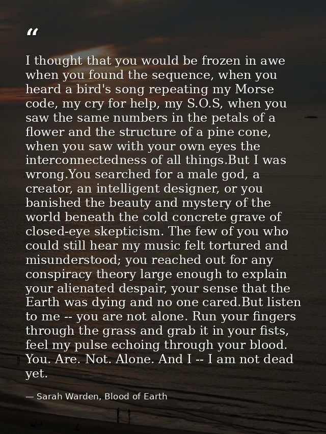 I thought that you would be frozen in awe when you found the sequence, when you heard a bird's song repeating my Morse c — Sarah Warden, Blood of Earth