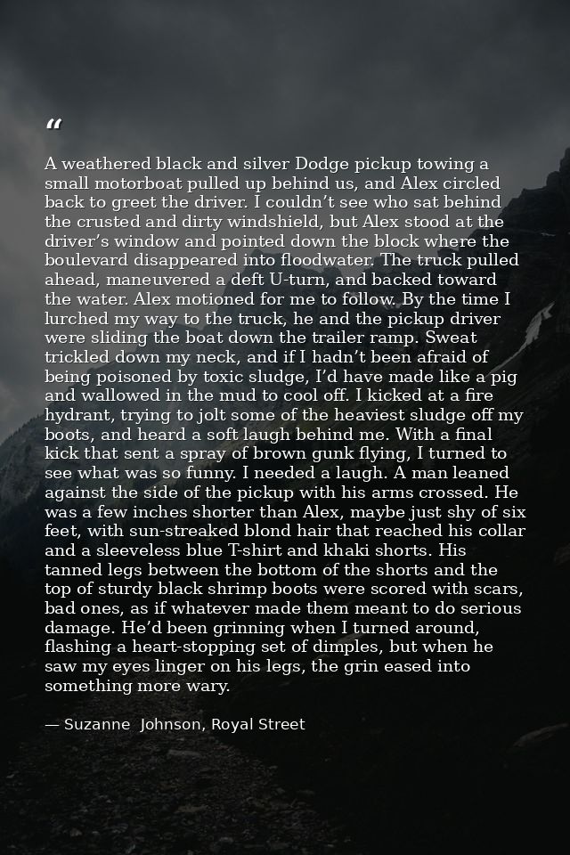 A weathered black and silver Dodge pickup towing a small motorboat pulled up behind us, and Alex circled back to greet t — Suzanne  Johnson, Royal Street
