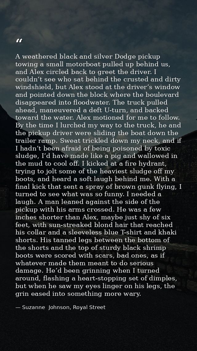 A weathered black and silver Dodge pickup towing a small motorboat pulled up behind us, and Alex circled back to greet t — Suzanne  Johnson, Royal Street