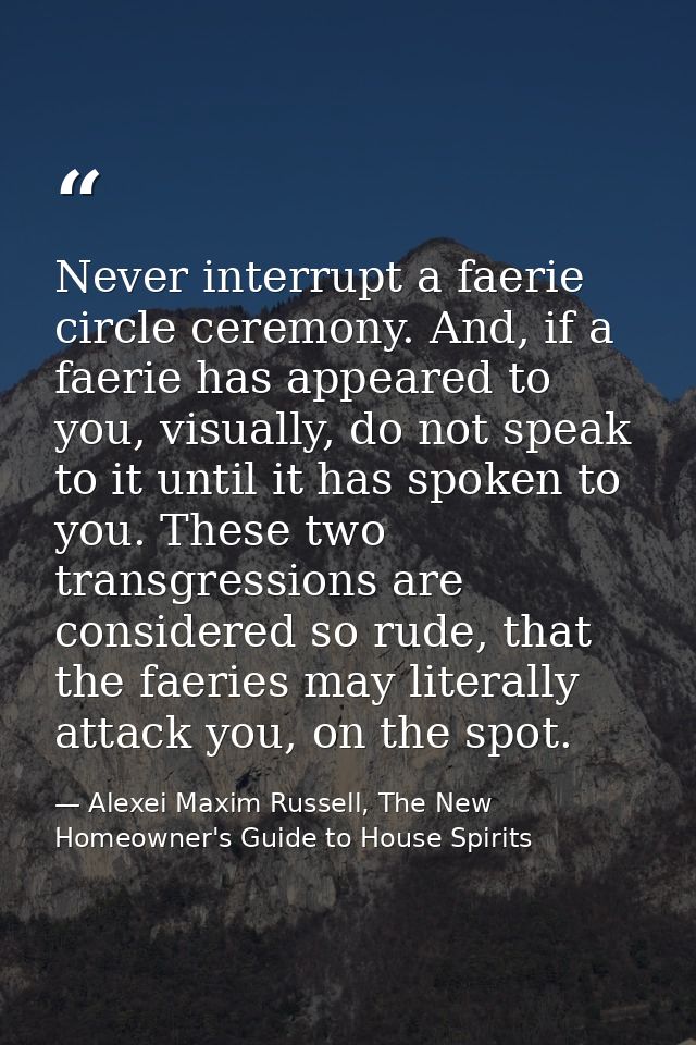 Never interrupt a faerie circle ceremony. And, if a faerie has appeared to you, visually, do not speak to it until it ha — Alexei Maxim Russell, The New Homeowner's Guide to House Spirits