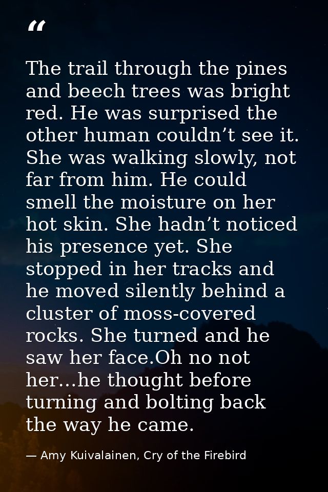 The trail through the pines and beech trees was bright red. He was surprised the other human couldn’t see it. She was wa — Amy Kuivalainen, Cry of the Firebird
