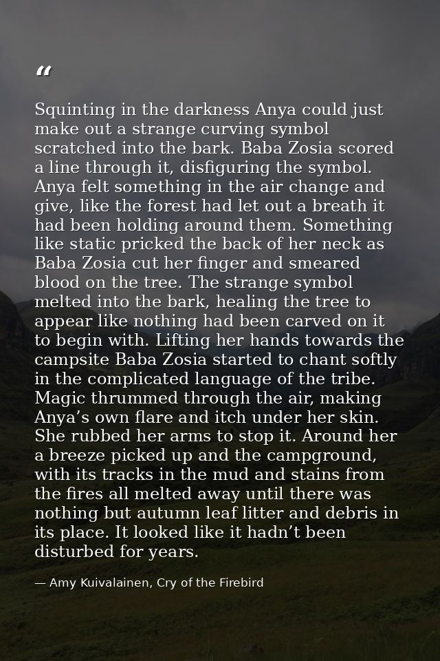 Squinting in the darkness Anya could just make out a strange curving symbol scratched into the bark. Baba Zosia scored a — Amy Kuivalainen, Cry of the Firebird