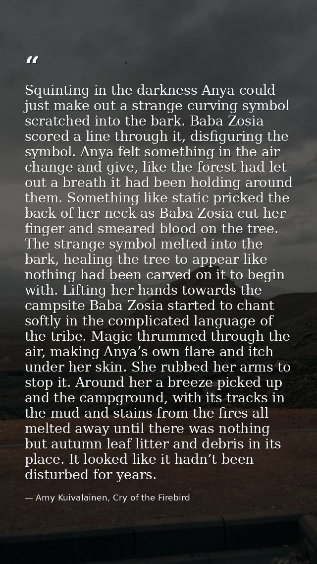 Squinting in the darkness Anya could just make out a strange curving symbol scratched into the bark. Baba Zosia scored a — Amy Kuivalainen, Cry of the Firebird