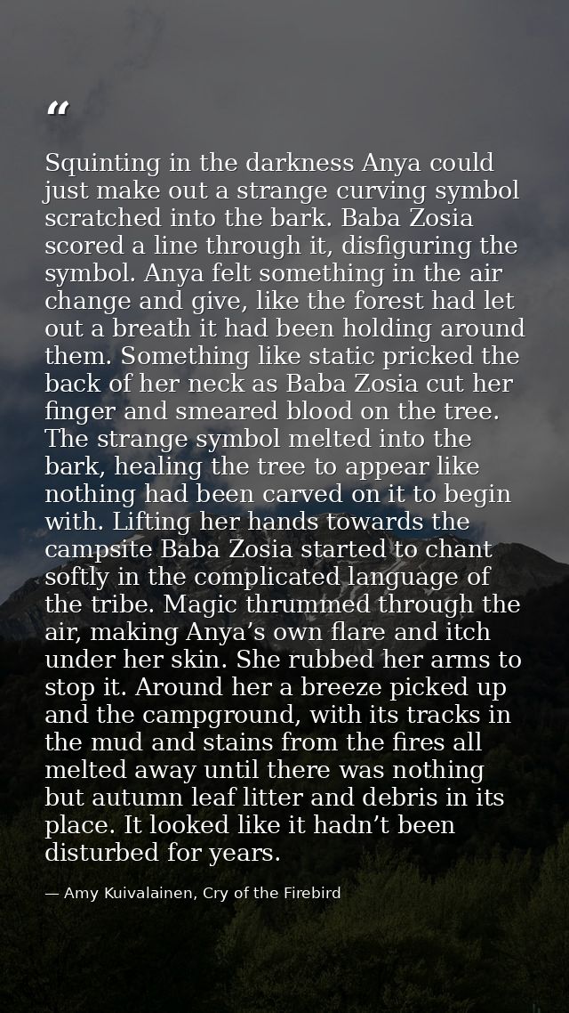 Squinting in the darkness Anya could just make out a strange curving symbol scratched into the bark. Baba Zosia scored a — Amy Kuivalainen, Cry of the Firebird