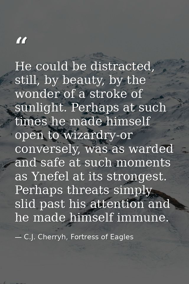 He could be distracted, still, by beauty, by the wonder of a stroke of sunlight. Perhaps at such times he made himself o — C.J. Cherryh, Fortress of Eagles