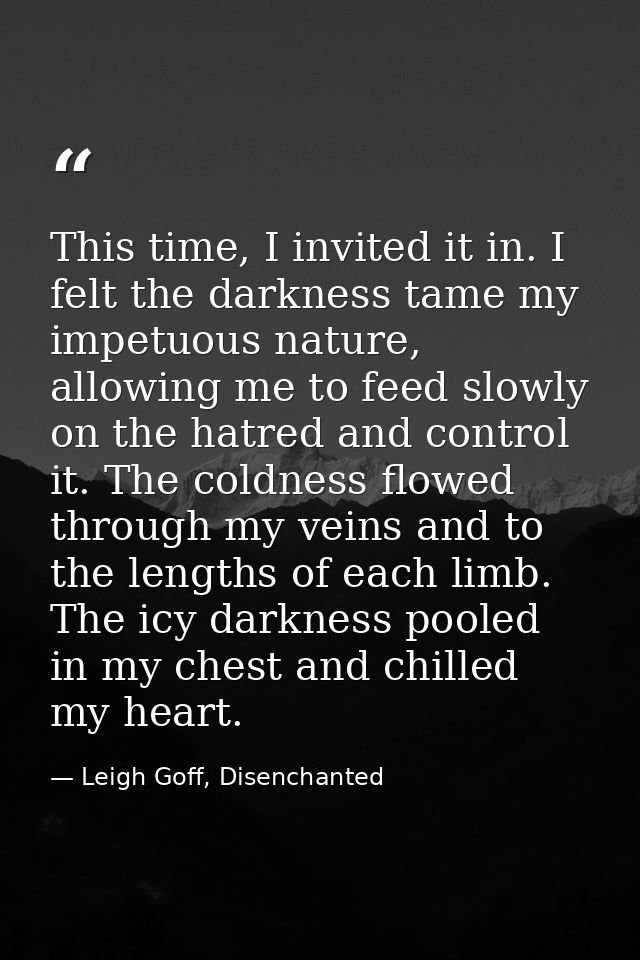 This time, I invited it in. I felt the darkness tame my impetuous nature, allowing me to feed slowly on the hatred and c — Leigh Goff, Disenchanted