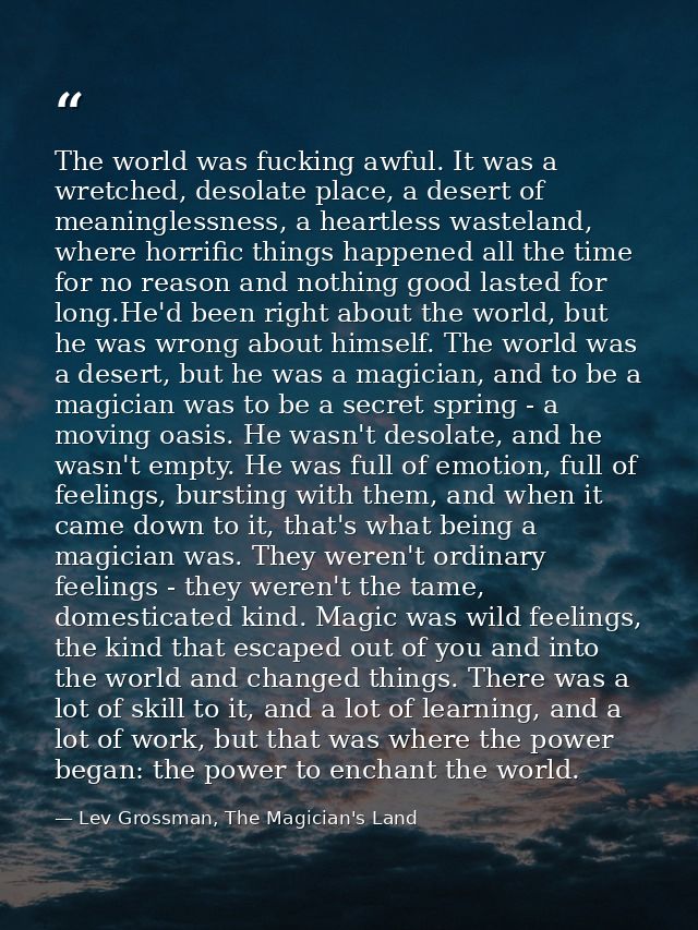 The world was fucking awful. It was a wretched, desolate place, a desert of meaninglessness, a heartless wasteland, wher — Lev Grossman, The Magician's Land