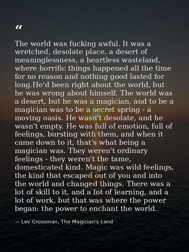 The world was fucking awful. It was a wretched, desolate place, a desert of meaninglessness, a heartless wasteland, wher — Lev Grossman, The Magician's Land