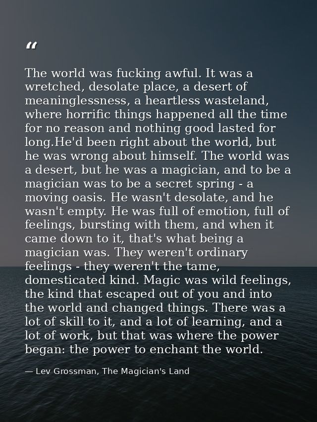 The world was fucking awful. It was a wretched, desolate place, a desert of meaninglessness, a heartless wasteland, wher — Lev Grossman, The Magician's Land