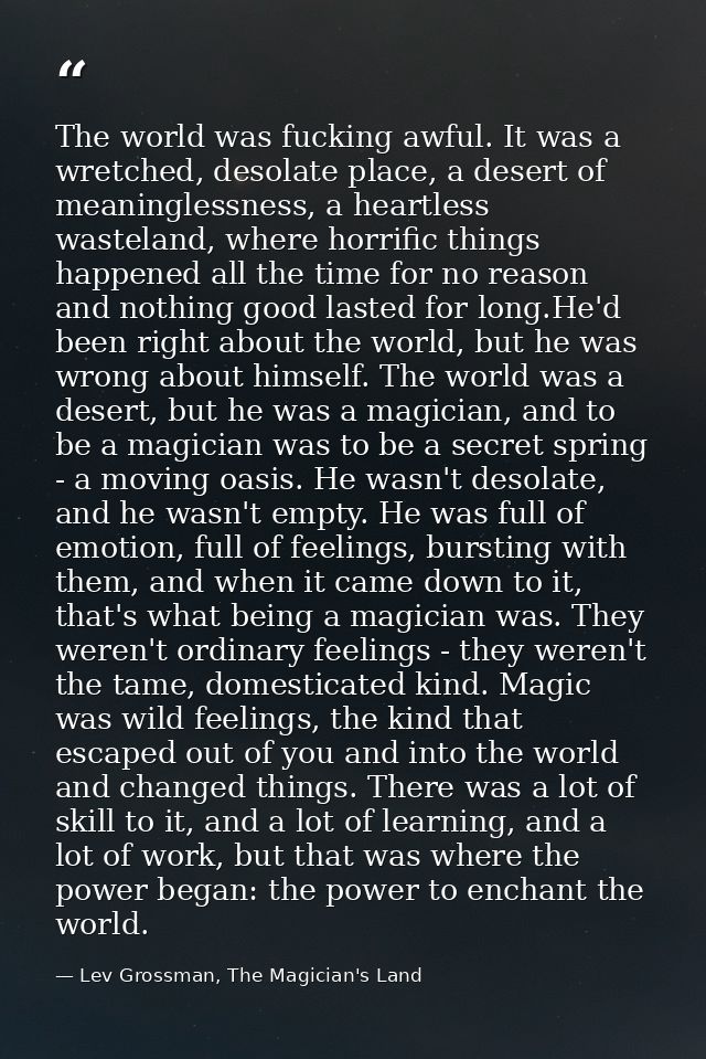 The world was fucking awful. It was a wretched, desolate place, a desert of meaninglessness, a heartless wasteland, wher — Lev Grossman, The Magician's Land