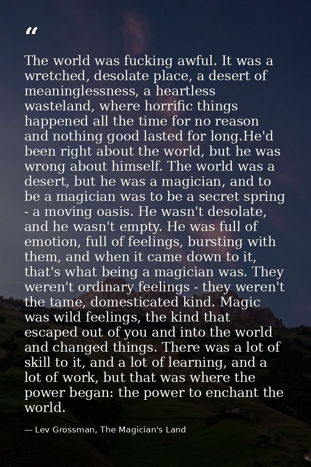 The world was fucking awful. It was a wretched, desolate place, a desert of meaninglessness, a heartless wasteland, wher — Lev Grossman, The Magician's Land
