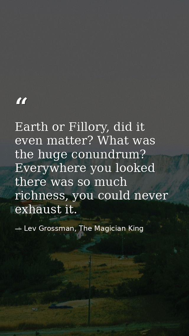 Earth or Fillory, did it even matter? What was the huge conundrum? Everywhere you looked there was so much richness, you — Lev Grossman, The Magician King