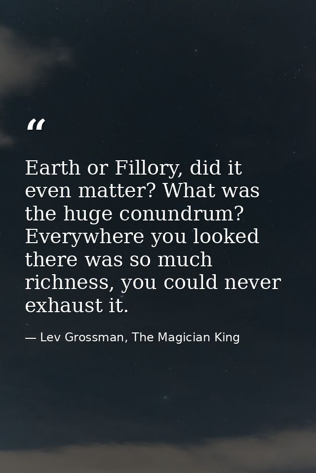 Earth or Fillory, did it even matter? What was the huge conundrum? Everywhere you looked there was so much richness, you — Lev Grossman, The Magician King