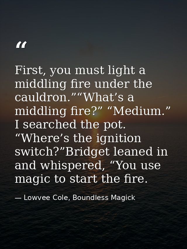 First, you must light a middling fire under the cauldron.”“What’s a middling fire?” “Medium.” I searched the pot. “Where — Lowvee Cole, Boundless Magick