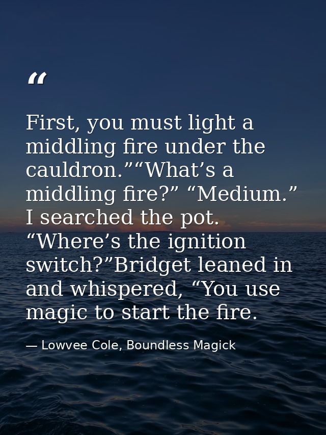 First, you must light a middling fire under the cauldron.”“What’s a middling fire?” “Medium.” I searched the pot. “Where — Lowvee Cole, Boundless Magick