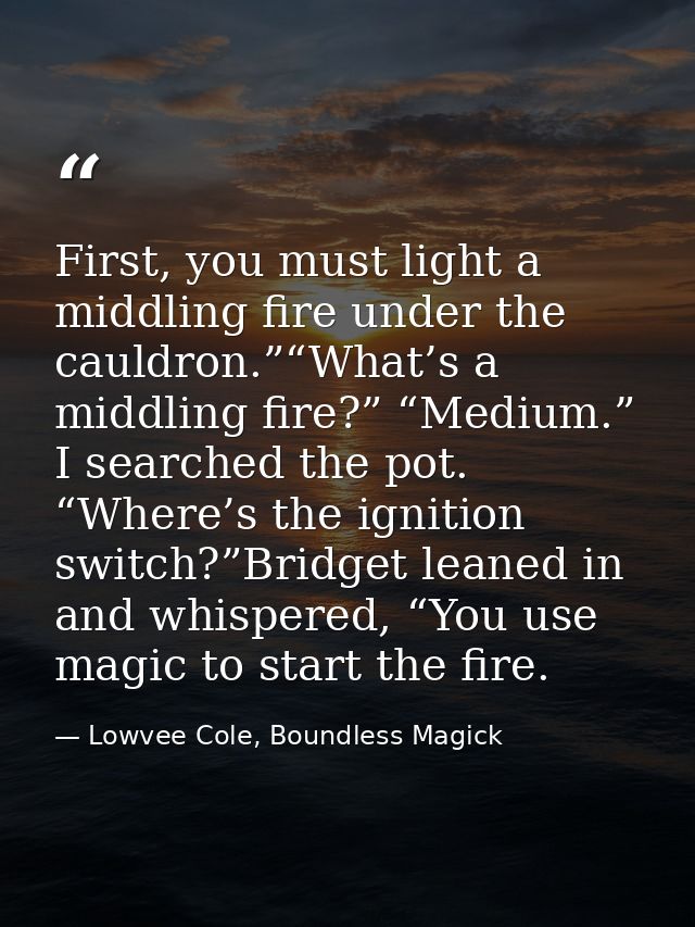 First, you must light a middling fire under the cauldron.”“What’s a middling fire?” “Medium.” I searched the pot. “Where — Lowvee Cole, Boundless Magick