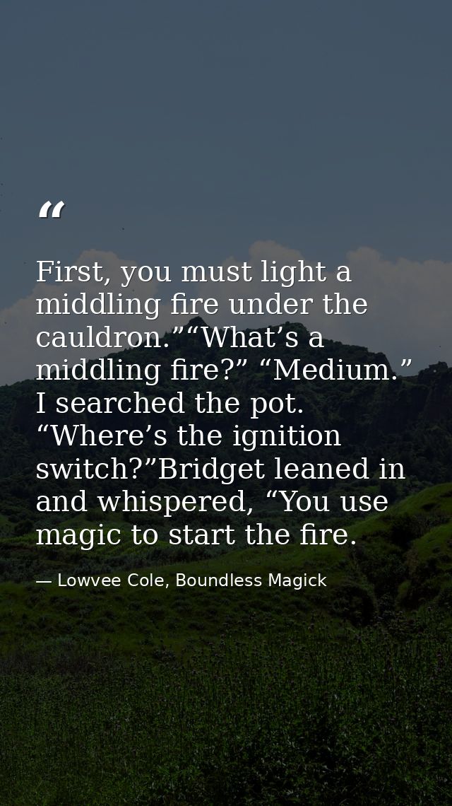 First, you must light a middling fire under the cauldron.”“What’s a middling fire?” “Medium.” I searched the pot. “Where — Lowvee Cole, Boundless Magick