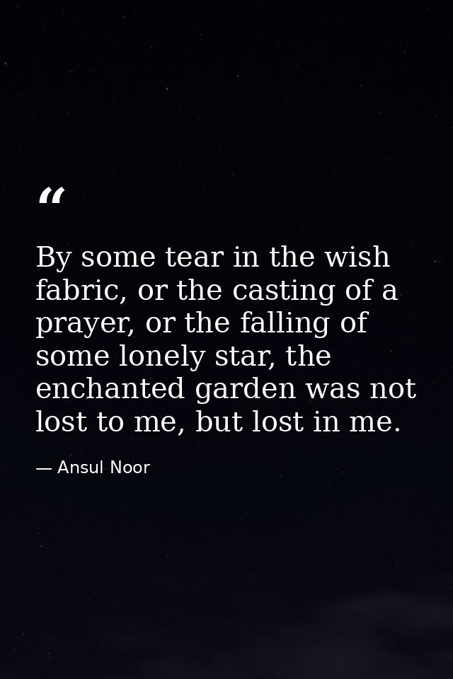 By some tear in the wish fabric, or the casting of a prayer, or the falling of some lonely star, the enchanted garden wa — Ansul Noor