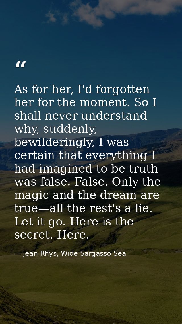 As for her, I'd forgotten her for the moment. So I shall never understand why, suddenly, bewilderingly, I was certain th — Jean Rhys, Wide Sargasso Sea