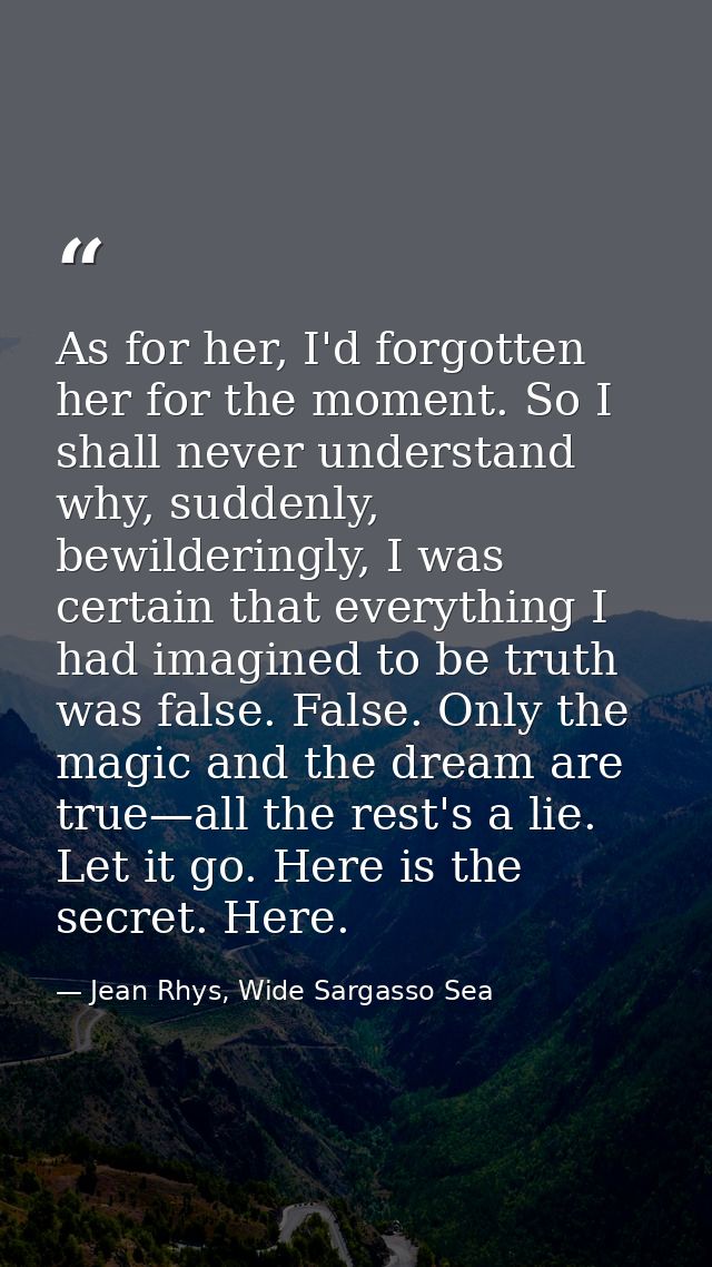 As for her, I'd forgotten her for the moment. So I shall never understand why, suddenly, bewilderingly, I was certain th — Jean Rhys, Wide Sargasso Sea