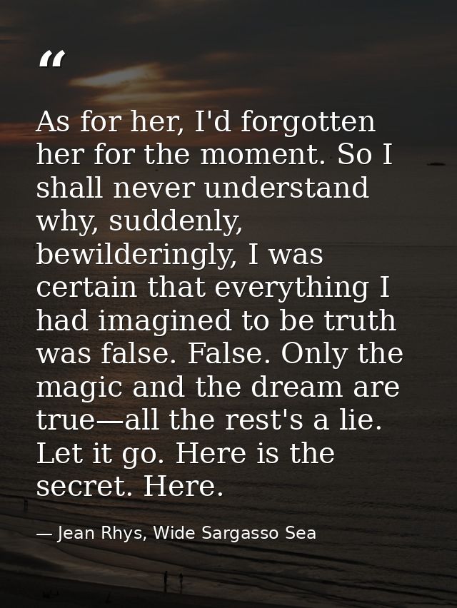 As for her, I'd forgotten her for the moment. So I shall never understand why, suddenly, bewilderingly, I was certain th — Jean Rhys, Wide Sargasso Sea