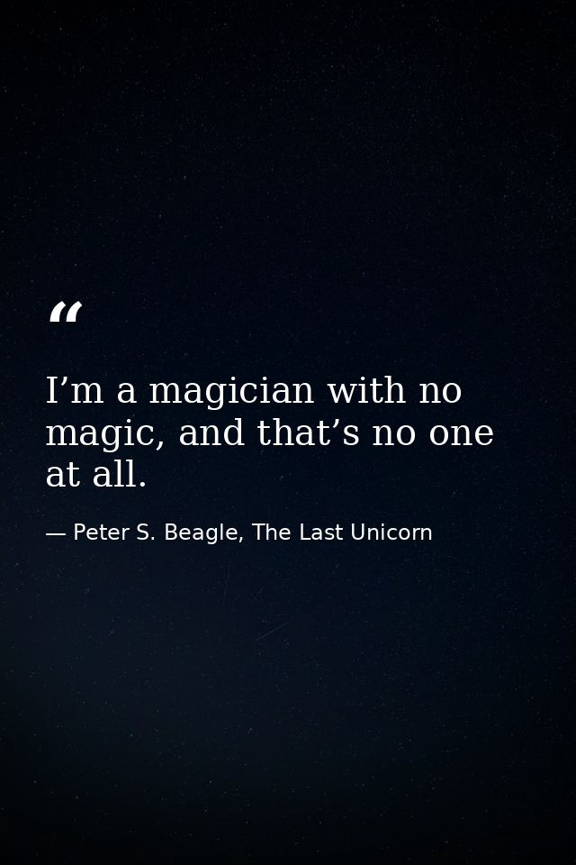 I’m a magician with no magic, and that’s no one at all. — Peter S. Beagle, The Last Unicorn