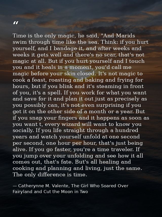 Time is the only magic, he said, "And Marids swim through time like the sea. Think: if you hurt yourself, and I bandage  — Catherynne M. Valente, The Girl Who Soared Over Fairyland and Cut the Moon in Two