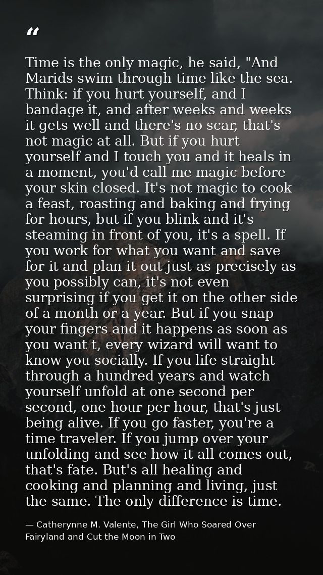 Time is the only magic, he said, "And Marids swim through time like the sea. Think: if you hurt yourself, and I bandage  — Catherynne M. Valente, The Girl Who Soared Over Fairyland and Cut the Moon in Two