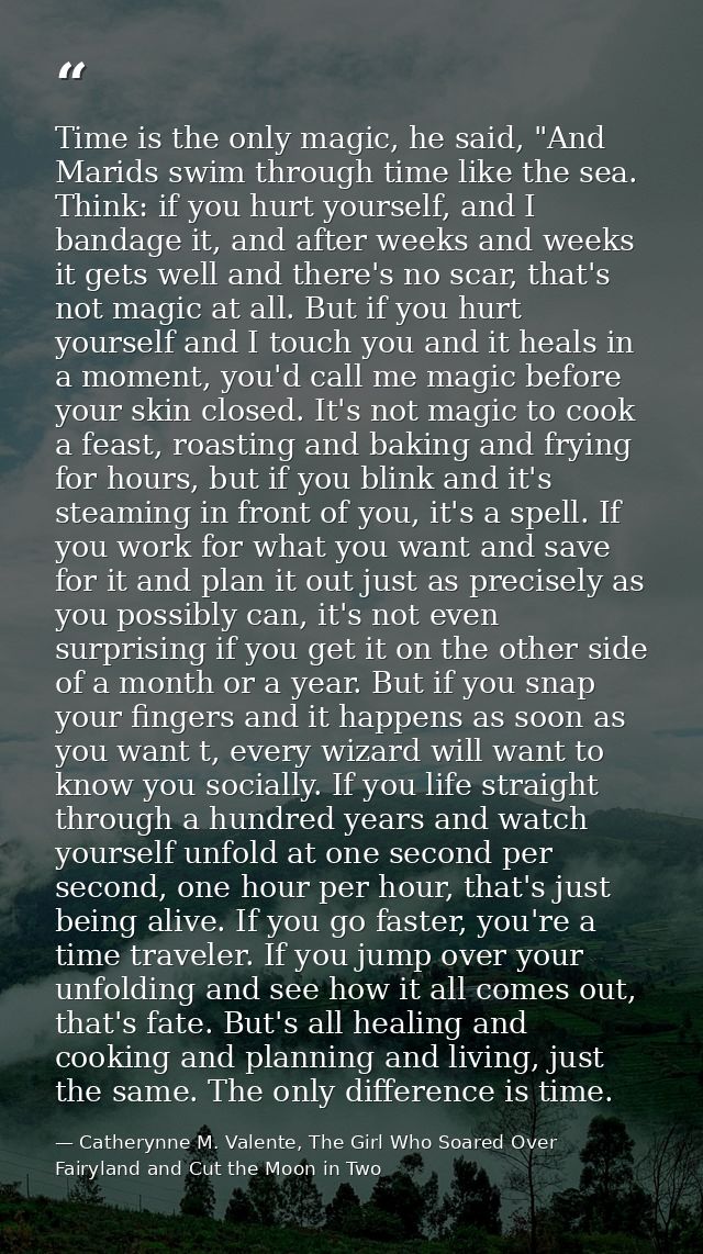 Time is the only magic, he said, "And Marids swim through time like the sea. Think: if you hurt yourself, and I bandage  — Catherynne M. Valente, The Girl Who Soared Over Fairyland and Cut the Moon in Two
