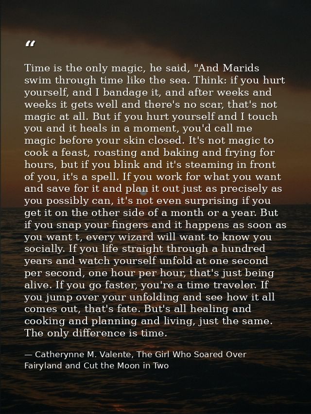 Time is the only magic, he said, "And Marids swim through time like the sea. Think: if you hurt yourself, and I bandage  — Catherynne M. Valente, The Girl Who Soared Over Fairyland and Cut the Moon in Two