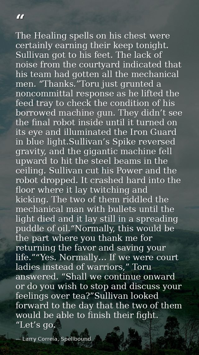 The Healing spells on his chest were certainly earning their keep tonight. Sullivan got to his feet. The lack of noise f — Larry Correia, Spellbound