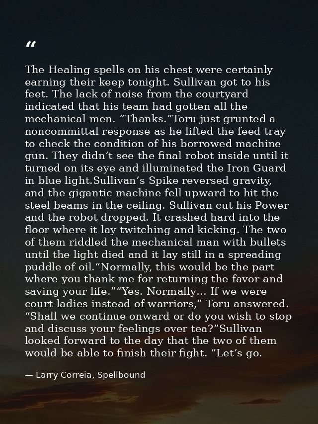 The Healing spells on his chest were certainly earning their keep tonight. Sullivan got to his feet. The lack of noise f — Larry Correia, Spellbound