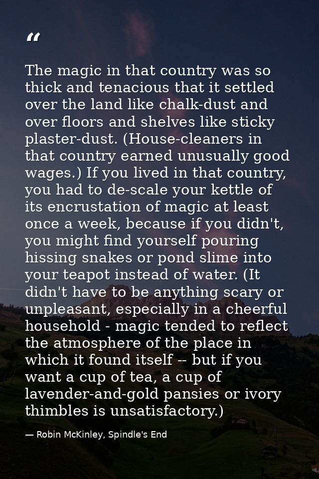The magic in that country was so thick and tenacious that it settled over the land like chalk-dust and over floors and s — Robin McKinley, Spindle's End