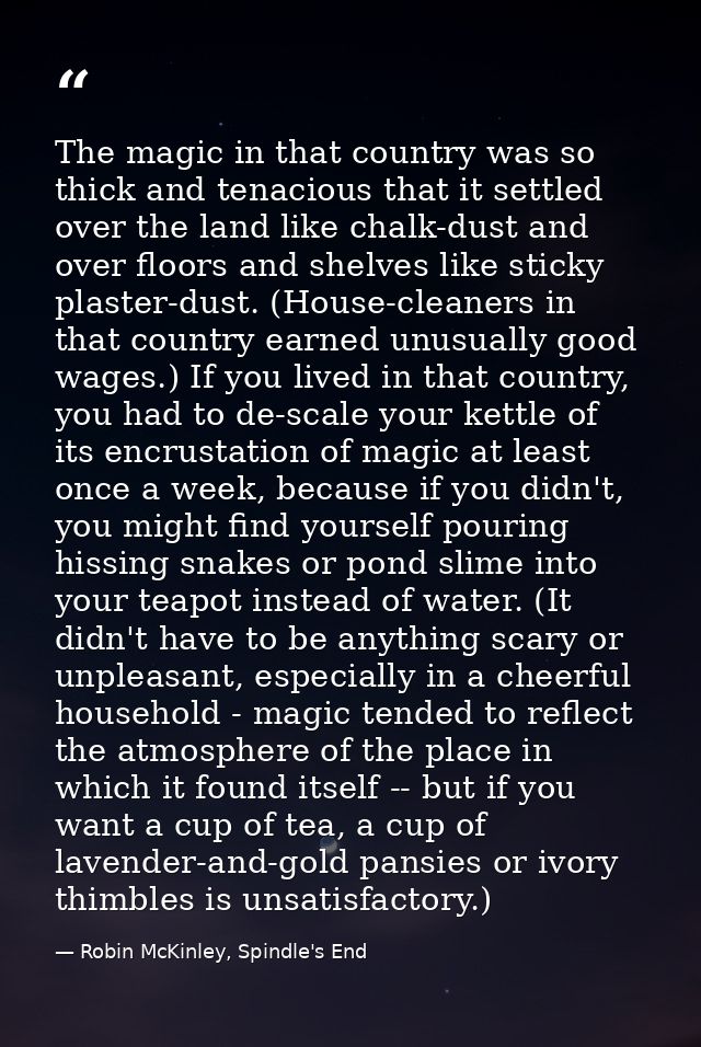 The magic in that country was so thick and tenacious that it settled over the land like chalk-dust and over floors and s — Robin McKinley, Spindle's End