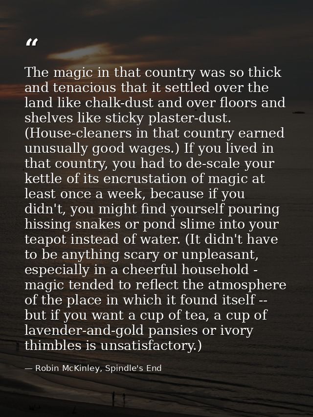 The magic in that country was so thick and tenacious that it settled over the land like chalk-dust and over floors and s — Robin McKinley, Spindle's End