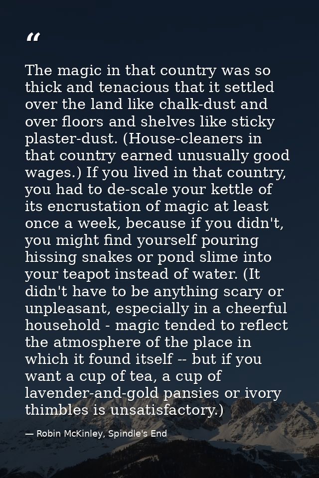 The magic in that country was so thick and tenacious that it settled over the land like chalk-dust and over floors and s — Robin McKinley, Spindle's End