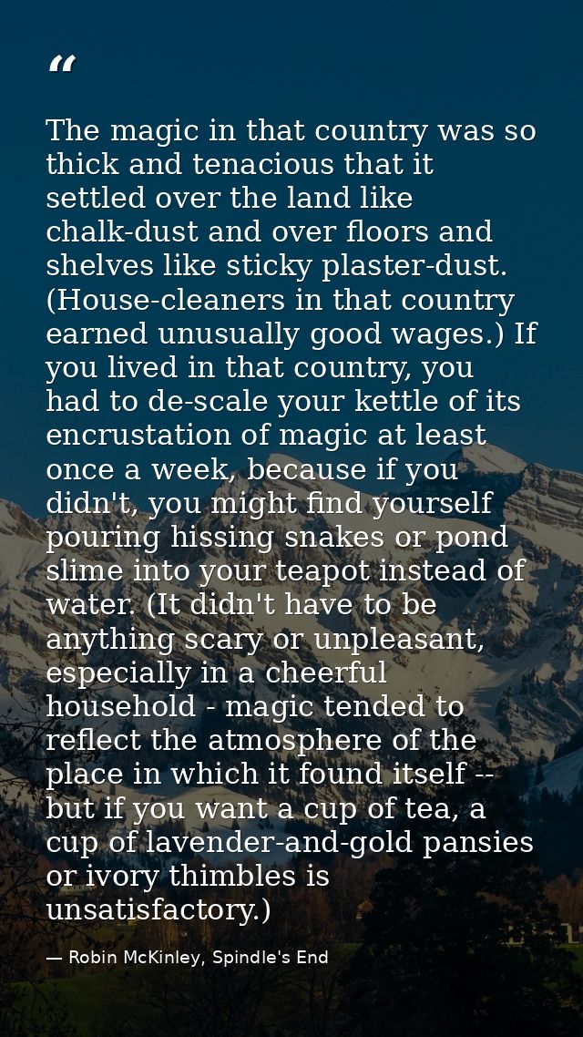 The magic in that country was so thick and tenacious that it settled over the land like chalk-dust and over floors and s — Robin McKinley, Spindle's End