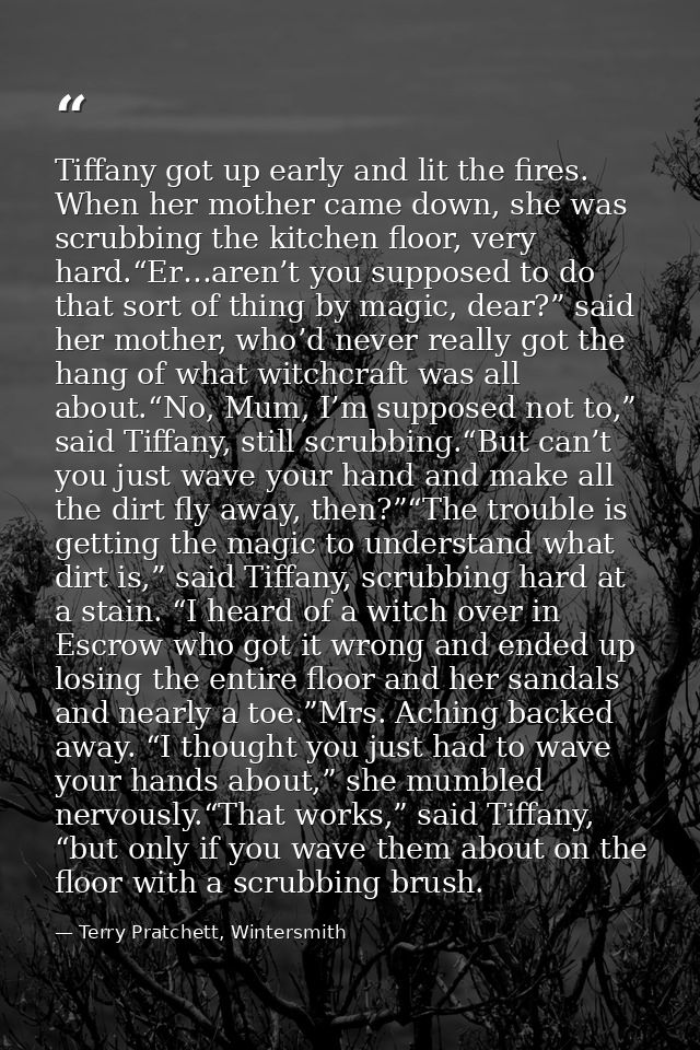 Tiffany got up early and lit the fires. When her mother came down, she was scrubbing the kitchen floor, very hard.“Er…ar — Terry Pratchett, Wintersmith