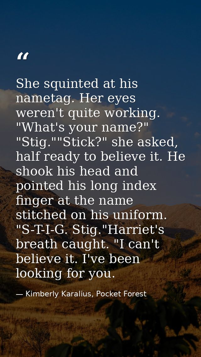 She squinted at his nametag. Her eyes weren't quite working. "What's your name?" "Stig.""Stick?" she asked, half ready t — Kimberly Karalius, Pocket Forest