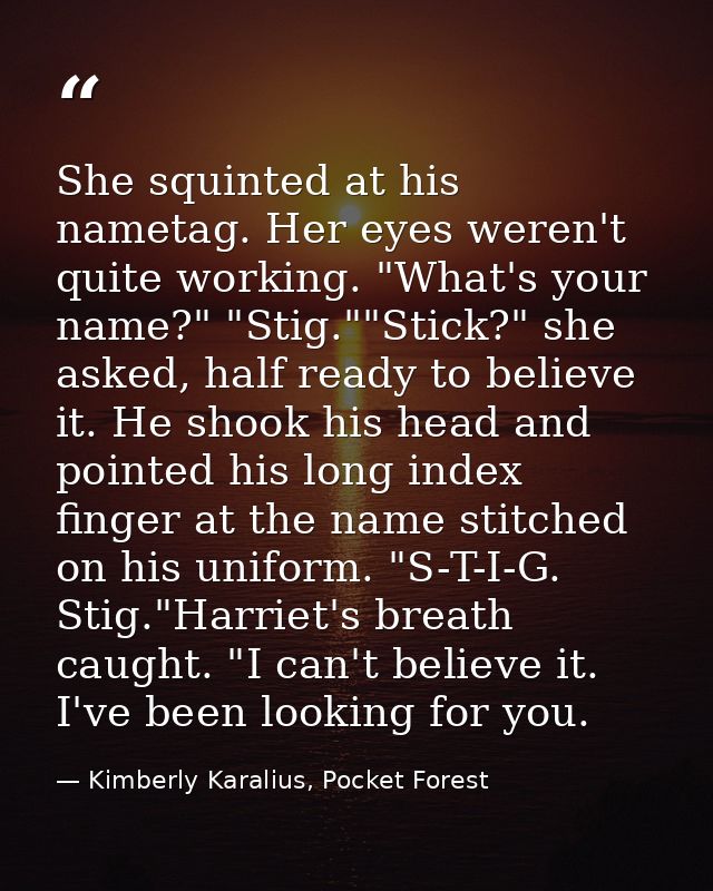 She squinted at his nametag. Her eyes weren't quite working. "What's your name?" "Stig.""Stick?" she asked, half ready t — Kimberly Karalius, Pocket Forest