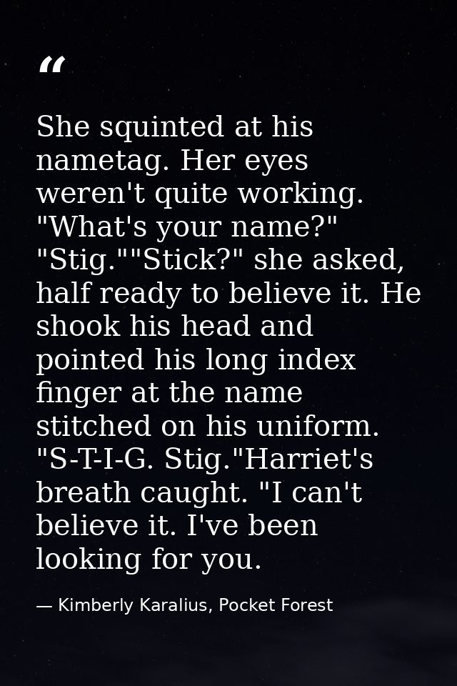 She squinted at his nametag. Her eyes weren't quite working. "What's your name?" "Stig.""Stick?" she asked, half ready t — Kimberly Karalius, Pocket Forest