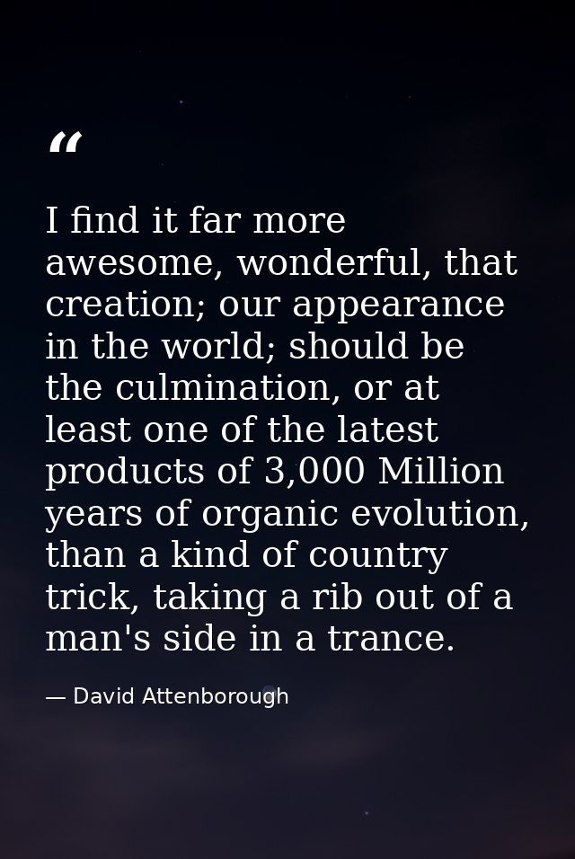 I find it far more awesome, wonderful, that creation; our appearance in the world; should be the culmination, or at leas — David Attenborough