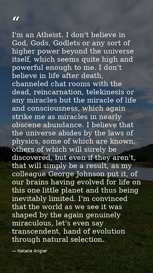 I'm an Atheist. I don't believe in God, Gods, Godlets or any sort of higher power beyond the universe itself, which seem — Natalie Angier