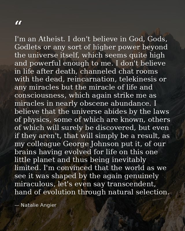 I'm an Atheist. I don't believe in God, Gods, Godlets or any sort of higher power beyond the universe itself, which seem — Natalie Angier