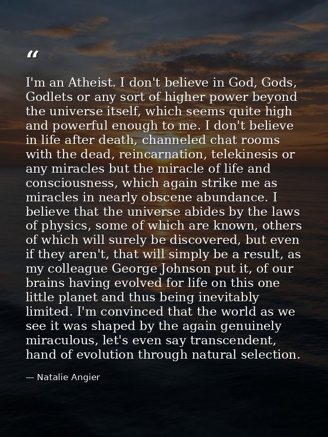 I'm an Atheist. I don't believe in God, Gods, Godlets or any sort of higher power beyond the universe itself, which seem — Natalie Angier