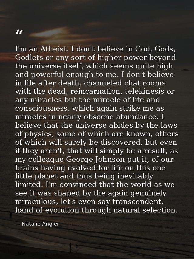 I'm an Atheist. I don't believe in God, Gods, Godlets or any sort of higher power beyond the universe itself, which seem — Natalie Angier